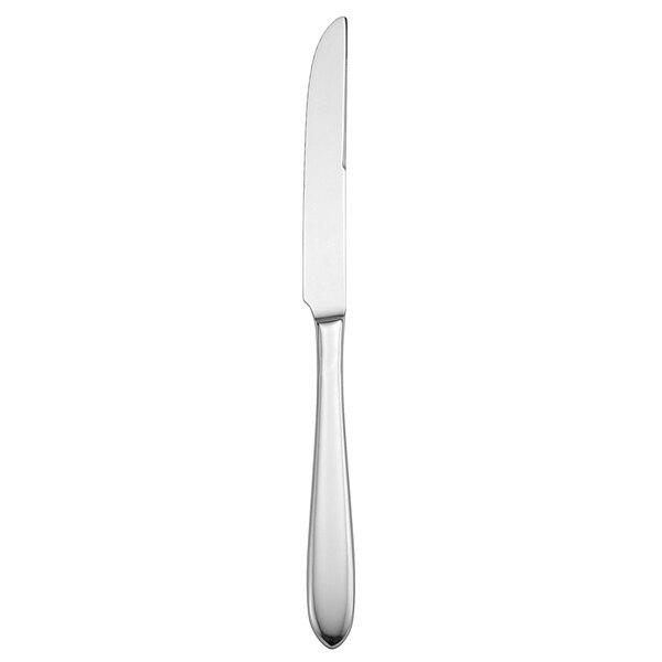 A Oneida Mascagni stainless steel steak knife with a silver handle.