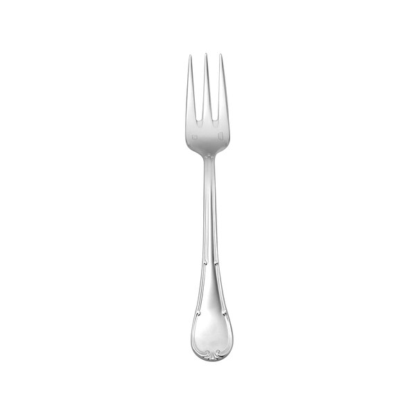 A silver Sant'Andrea Donizetti fish fork with a white handle.