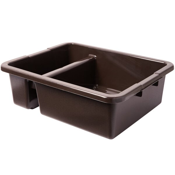A brown Rubbermaid high density polyethylene bus tub with two compartments.