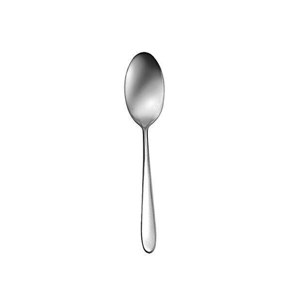 A close-up of a Oneida Mascagni stainless steel demitasse spoon with a silver handle.