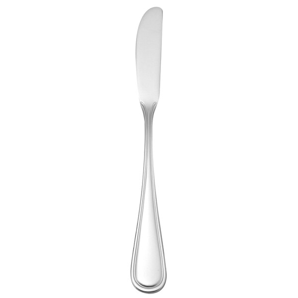 A silver butter spreader with a black tip and black border on a white background.
