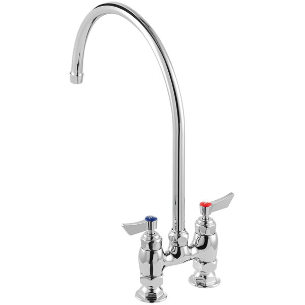 A Waterloo chrome deck-mount faucet with red and blue knobs.