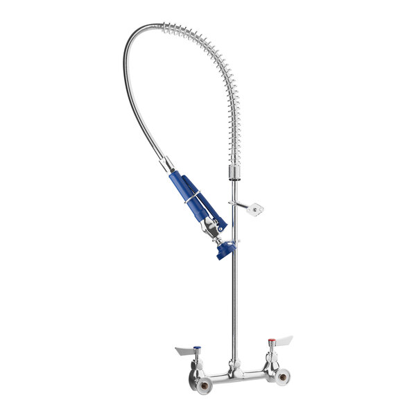 A white and blue Waterloo wall-mounted pre-rinse faucet with a hose.