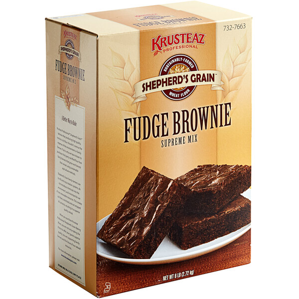 A Krusteaz Professional Shepherd's Grain Fudge Brownie Mix box on a counter.
