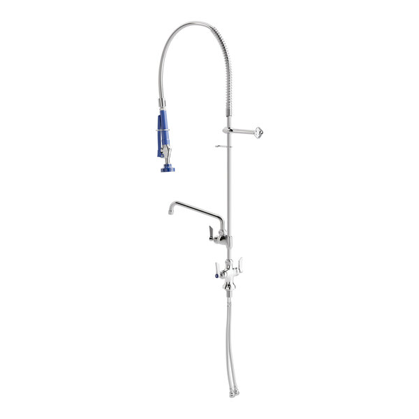 A silver Waterloo deck-mounted pre-rinse faucet with blue handles.