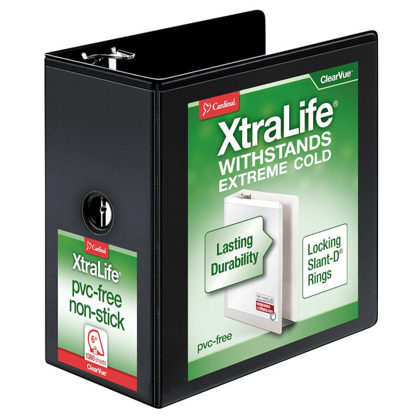 A black Cardinal XtraLife ClearVue binder with a white label and green and white text.