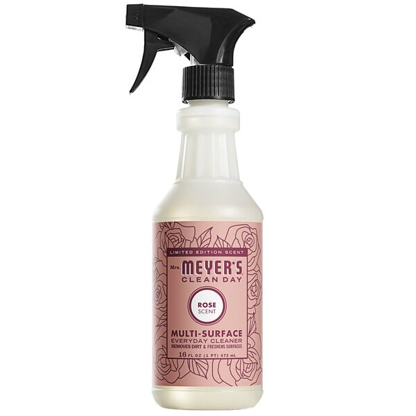 A bottle of Mrs. Meyer's Rose All Purpose Multi-Surface Cleaner with a white label and black sprayer.