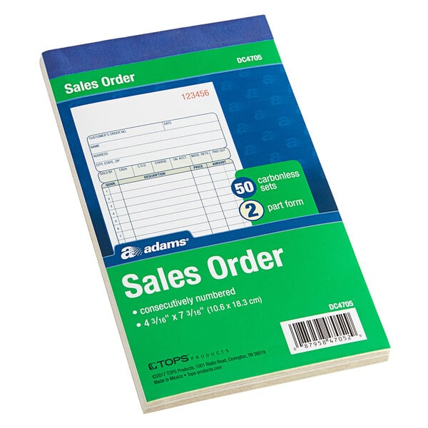 A blue and green Adams Sales Order book with white text.