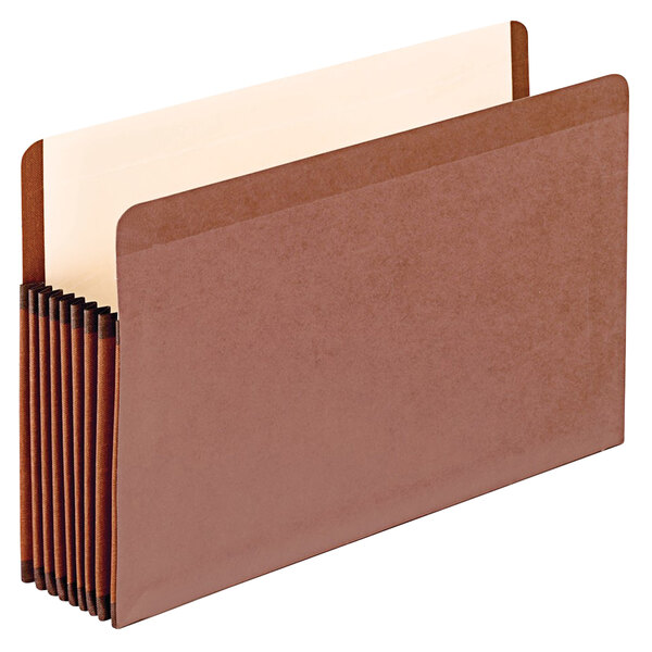 A Pendaflex redrope legal size file pocket. A brown file folder with white paper inside.