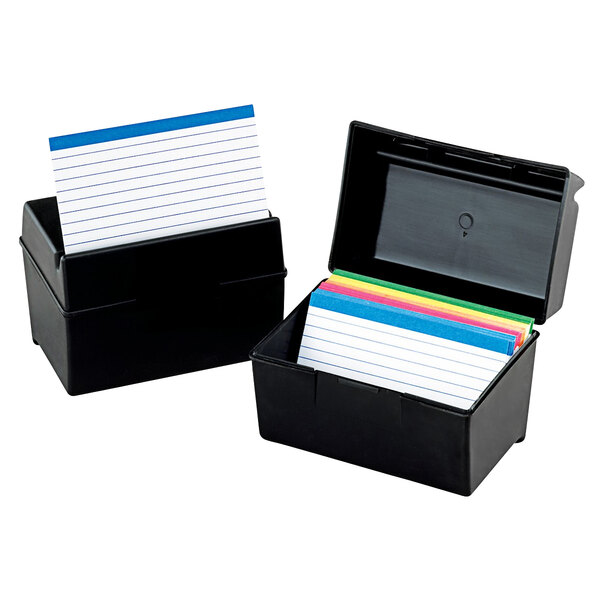 A black Oxford plastic index card box with colorful index cards inside.