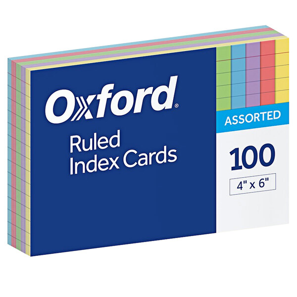 A stack of Oxford ruled index cards in assorted colors.