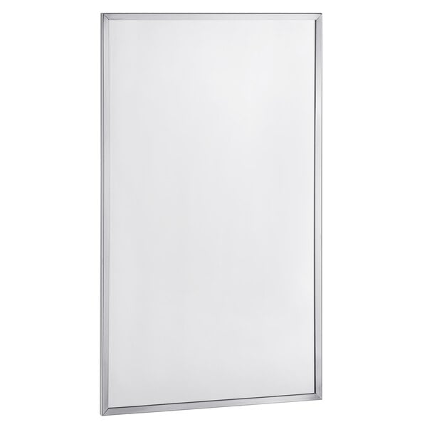 A white rectangular Bobrick wall-mounted mirror with a silver frame.