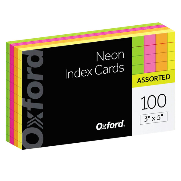 A stack of Oxford neon index cards in assorted colors.