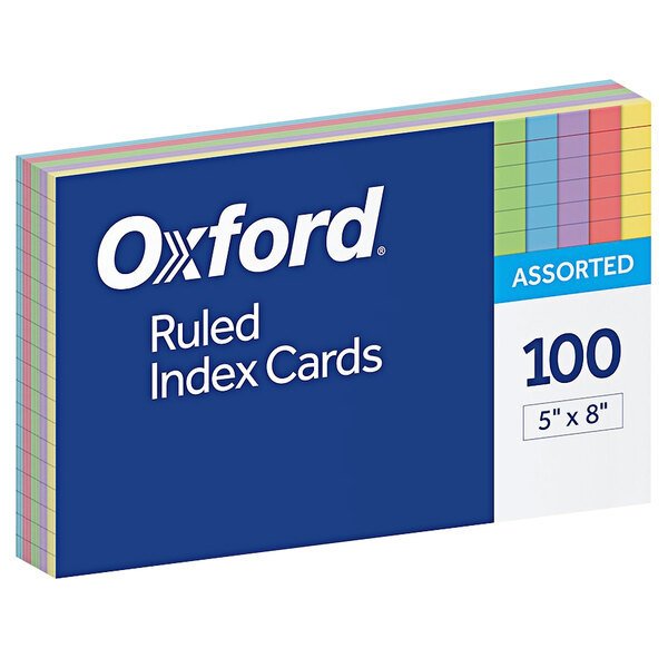 A colorful box of Oxford 5" x 8" ruled index cards in blue, white, and yellow packaging.
