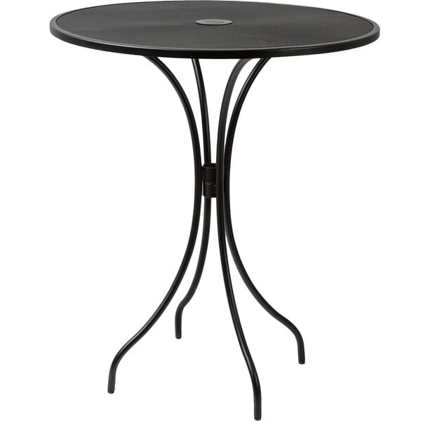 A BFM Seating black steel round bar height table on an outdoor patio.