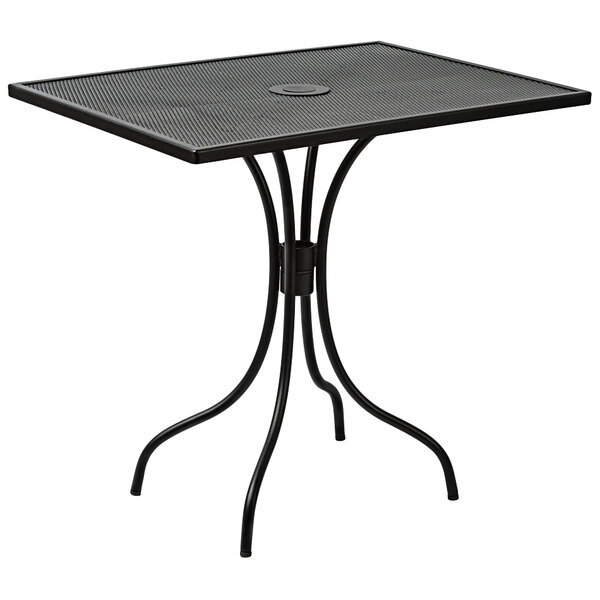 A BFM Seating black steel rectangular dining table with a metal base.