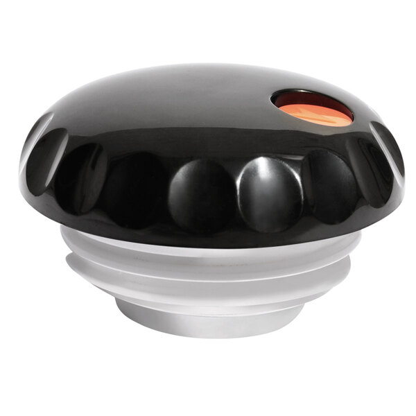 A black Vollrath lid with a white round top and a black and orange plastic knob.