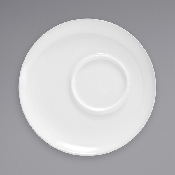 A white Front of the House round porcelain saucer with a round rim.
