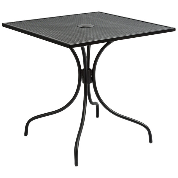 A BFM Seating black steel square table with legs.