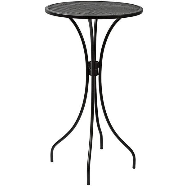 A BFM Seating black steel round bar height table with legs.