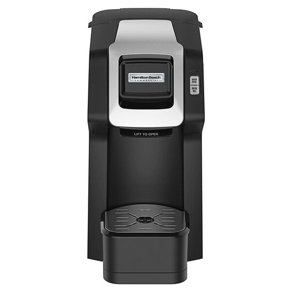 A black and silver Hamilton Beach single-serve coffee maker with a cup.
