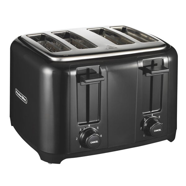 A black Proctor Silex toaster with four wide slots.