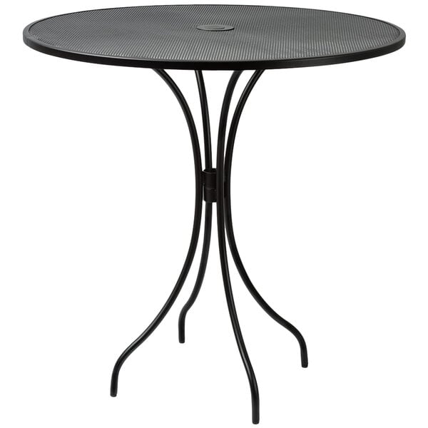 A BFM Seating black steel table with a round top.