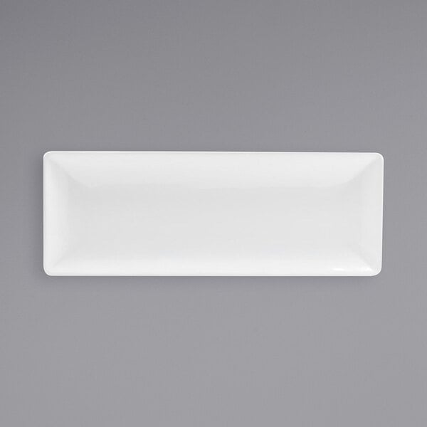 A rectangular white Front of the House porcelain plate on a gray background.