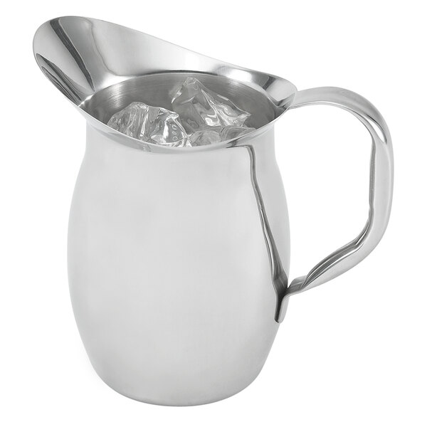 A Vollrath stainless steel bell pitcher with ice in it.