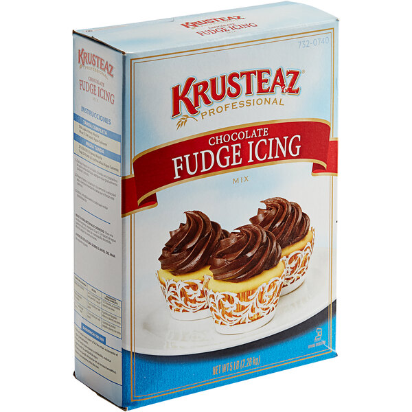 A box of Krusteaz Professional Chocolate Fudge Icing mix with a chocolate swirl on the front.