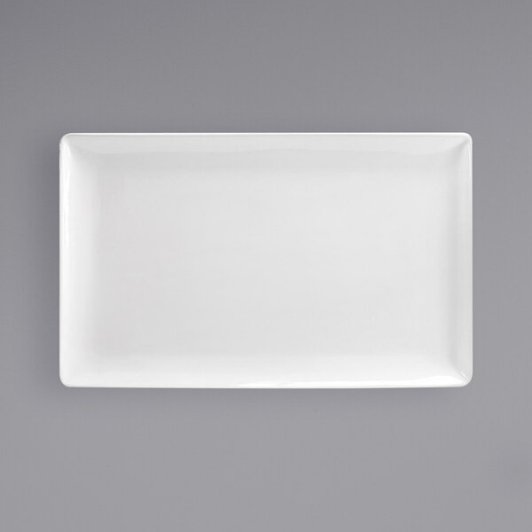 A Front of the House Bright White rectangular porcelain platter on a gray background.