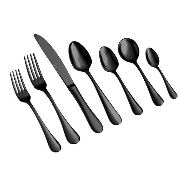 Seven pieces of black cutlery, including two forks, one knife, and four spoons, are arranged in a row on a white background.