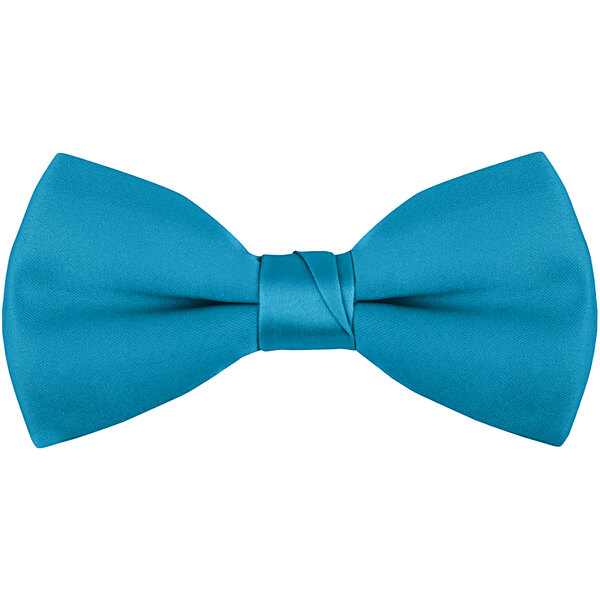 A close-up of a turquoise clip-on bow tie with a white background.