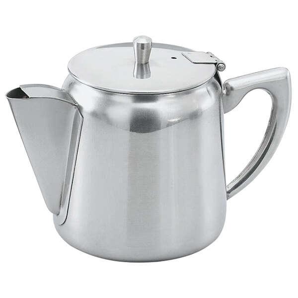A silver stainless steel Vollrath teapot with a lid.