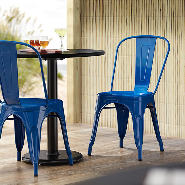 Lancaster Table & Seating Alloy Series Blue Metal Indoor / Outdoor Industrial Cafe Chair with Vertical Slat Back and Drain Hole Seat