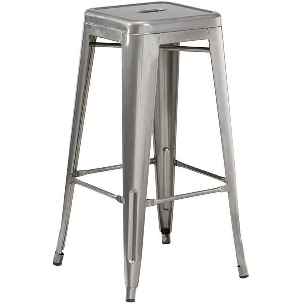 Lancaster Table & Seating Alloy Series Clear Coat Stackable Metal Indoor Industrial Barstool with Drain Hole Seat