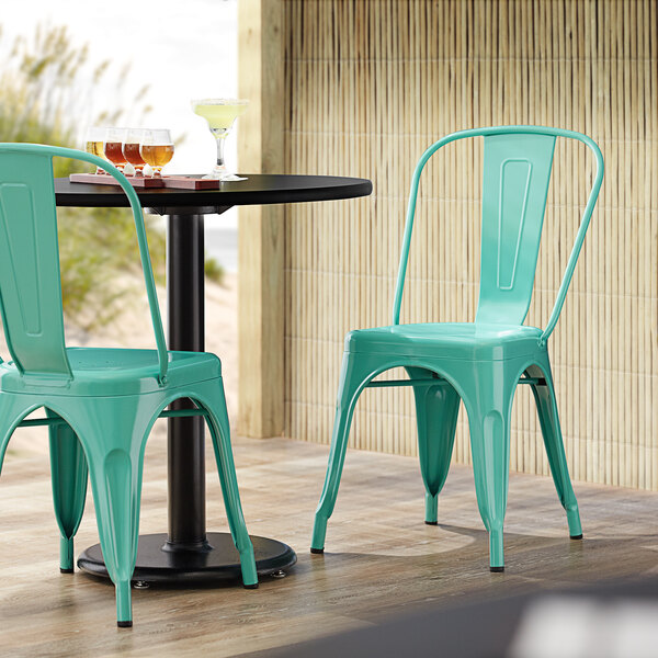 Lancaster Table & Seating Alloy Series Seafoam Metal Indoor / Outdoor Industrial Cafe Chair with Vertical Slat Back and Drain Hole Seat
