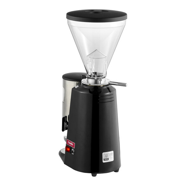 An electric espresso grinder with a black base and a clear bean hopper.