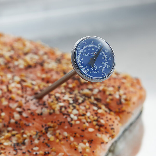 A blue AvaTemp pocket probe thermometer in a piece of fish.