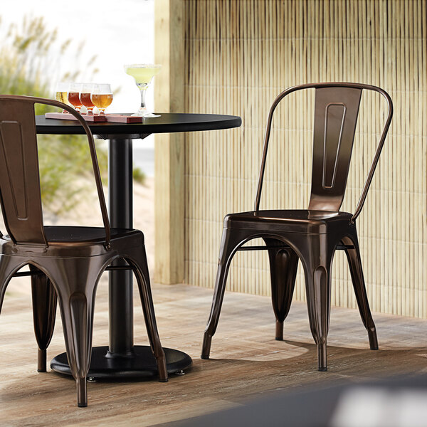 Lancaster Table & Seating Alloy Series Copper Metal Indoor / Outdoor Industrial Cafe Chair with Vertical Slat Back and Drain Hole Seat