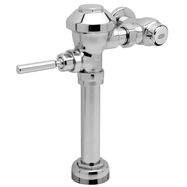 A Zurn chrome toilet flush valve.