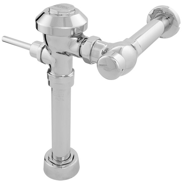 A Zurn chrome pipe for a toilet with a handle.