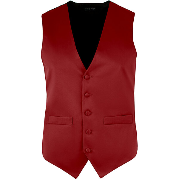 A burgundy Henry Segal server vest with black buttons and a black collar.