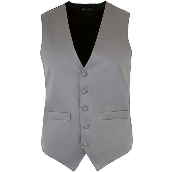 A Henry Segal grey satin server vest with black buttons and a black collar.