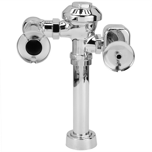 A Zurn chrome-plated silver toilet flush valve with black nozzles.