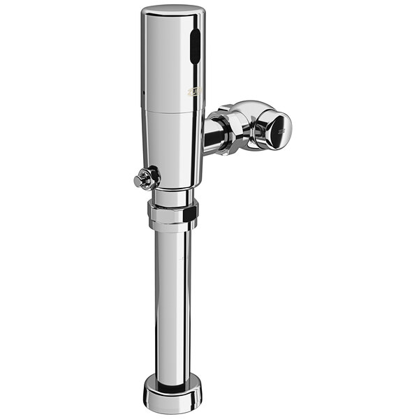 A Zurn chrome toilet flush valve with a metal pipe.