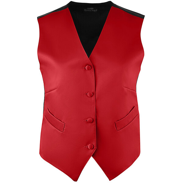 A red Henry Segal server vest with black trim and a black collar and buttons.