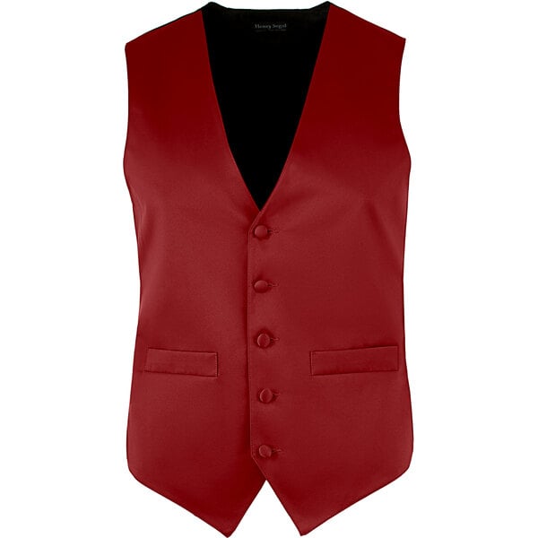 A Henry Segal burgundy satin server vest with black buttons and a black collar.