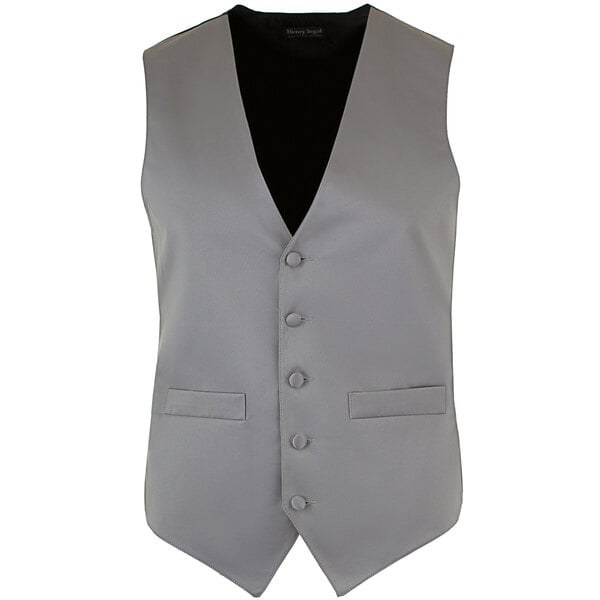 A Henry Segal gray satin server vest with black buttons and a black collar.