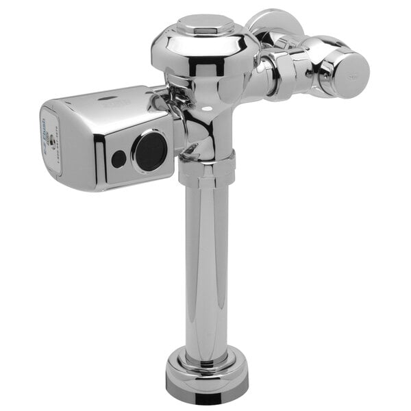A chrome Zurn urinal flush valve with a metal pipe.